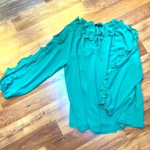 1. State Green Blouse/Top, long sheer sleeves, peekaboo shoulders, 1X